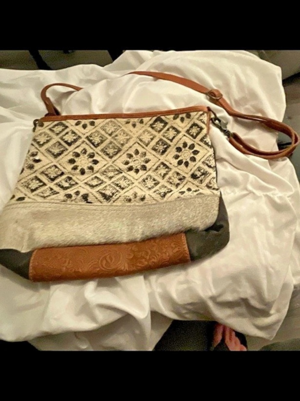 Myra Bag Tessellated Shoulder Bag S-2861 Tooled Leather Hairon Crossbody Western